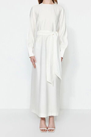 Moda Regular Günlük Keten Aerobin Dokuma Bisiklet Yaka Uzun Kol Shift Maxi Boy Tesettür Elbise