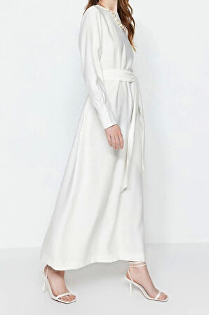 Moda Regular Günlük Keten Aerobin Dokuma Bisiklet Yaka Uzun Kol Shift Maxi Boy Tesettür Elbise