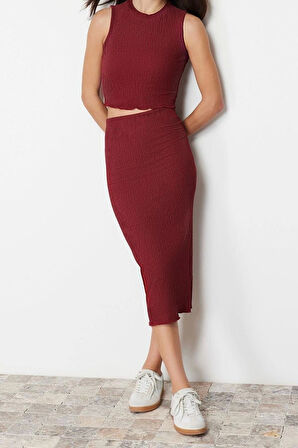 Moda Örme Düz Bisiklet Yaka Casual Günlük Tarçın Dokulu Kumaş Esnek Örme Alt-Üst Takım