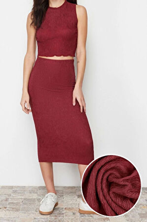 Moda Örme Düz Bisiklet Yaka Casual Günlük Tarçın Dokulu Kumaş Esnek Örme Alt-Üst Takım