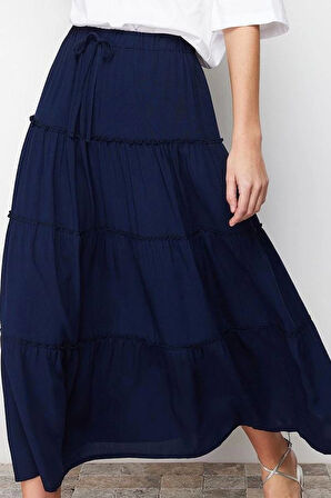 Modern Tarz Astarsız Dokuma Maxi Boy Belinde Büzgü Detaylı Kloş Maxi Boy Dokuma Etek