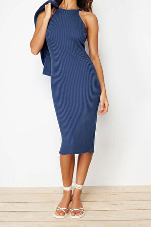 Moda Regular Casual Günlük Fitilli Triko Bisiklet Yaka Uzun Kol Bodycone Midi Boy Elbise