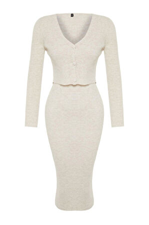 Moda Slim Casual Günlük Fitilli Triko V Yaka Uzun Kol Bodycone Midi Boy Elbise