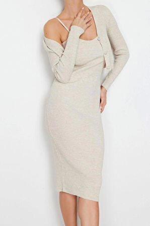 Moda Slim Casual Günlük Fitilli Triko V Yaka Uzun Kol Bodycone Midi Boy Elbise