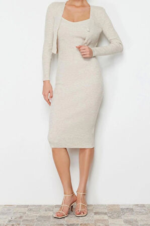 Moda Slim Casual Günlük Fitilli Triko V Yaka Uzun Kol Bodycone Midi Boy Elbise