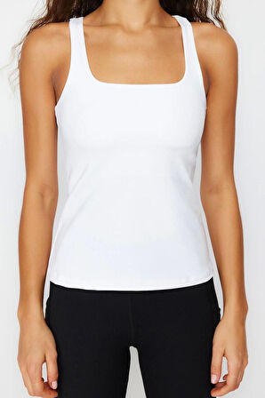 Moda Kare Yaka Örme Fit Düz Desen Sportswear Regular Askılı Kol Bluz