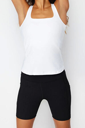Moda Kare Yaka Örme Fit Düz Desen Sportswear Regular Askılı Kol Bluz