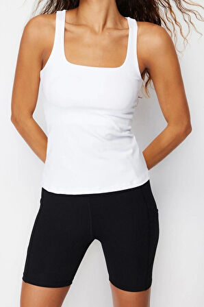 Moda Kare Yaka Örme Fit Düz Desen Sportswear Regular Askılı Kol Bluz
