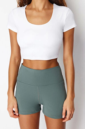 Moda Havuz Yaka Örme Fit Düz Desen Sportswear Crop Kısa Kol Bluz