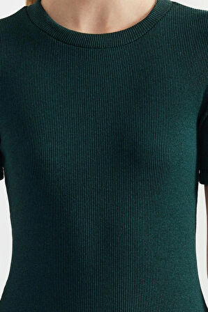 Moda Slim Casual Günlük Rejenere Kaşkorse Örme Bisiklet Yaka Kısa Kol Bodycone Midi Boy Elbise