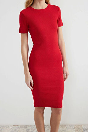 Moda Slim Casual Günlük Rejenere Kaşkorse Örme Bisiklet Yaka Kısa Kol Bodycone Midi Boy Elbise