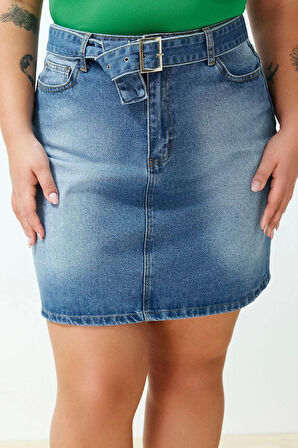 Moda Büyük Beden Regular Düz Desen Günlük Mini Boy Kemerli Mini Denim Etek