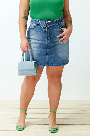 Moda Büyük Beden Regular Düz Desen Günlük Mini Boy Kemerli Mini Denim Etek