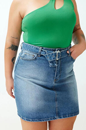 Moda Büyük Beden Regular Düz Desen Günlük Mini Boy Kemerli Mini Denim Etek