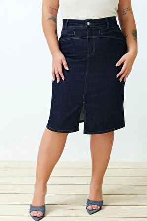 Moda Büyük Beden Kalem Düz Desen Günlük Mini Boy Yırtmaçlı Mini Kalem Denim Etek