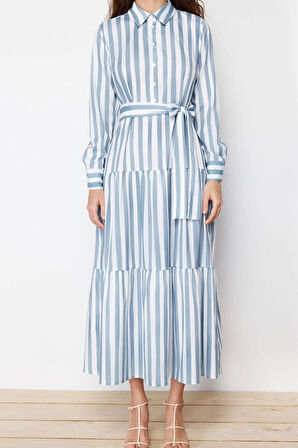 Moda Regular Günlük Poplin Dokuma Gömlek Yaka Uzun Kol Eteği Fırfırlı Maxi Boy Tesettür Elbise