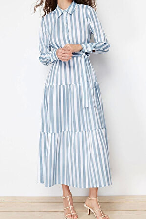 Moda Regular Günlük Poplin Dokuma Gömlek Yaka Uzun Kol Eteği Fırfırlı Maxi Boy Tesettür Elbise