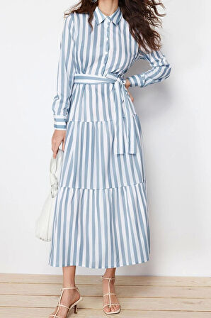 Moda Regular Günlük Poplin Dokuma Gömlek Yaka Uzun Kol Eteği Fırfırlı Maxi Boy Tesettür Elbise