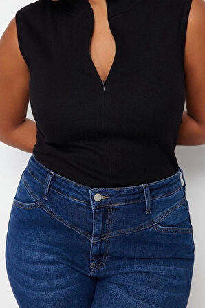 Moda Büyük Beden Dik Yaka Örme Fit Düz Desen Casual Günlük Regular Kolsuz Bluz