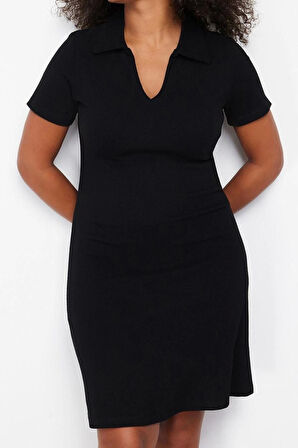 Moda Slim Casual Günlük Kaşkorse Örme Polo Yaka Kısa Kol A-Line Midi Boy Büyük Beden Elbise