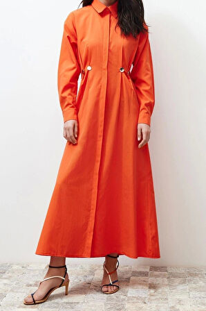 Moda Casual Günlük Terrycotton Dokuma Gömlek Yaka Uzun Kol Gömlek Elbise Maxi Boy Tesettür Elbise