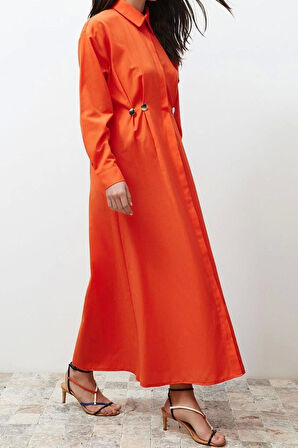 Moda Casual Günlük Terrycotton Dokuma Gömlek Yaka Uzun Kol Gömlek Elbise Maxi Boy Tesettür Elbise