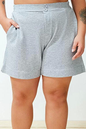Büyük Beden Moda Örme Yüksek Bel Geniş Paça Gündelik Gri Düğme Detaylı Şort Bermuda