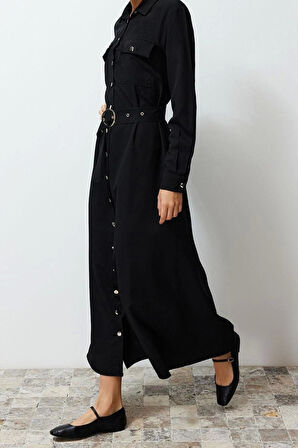 Moda Regular Günlük Terryviskon Dokuma Gömlek Yaka Uzun Kol Gömlek Elbise Maxi Boy Tesettür Elbise