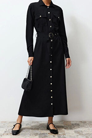 Moda Regular Günlük Terryviskon Dokuma Gömlek Yaka Uzun Kol Gömlek Elbise Maxi Boy Tesettür Elbise