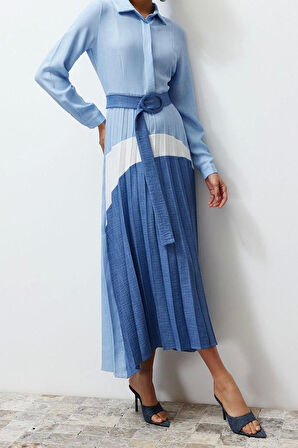 Moda Regular Günlük Terrycotton Dokuma Gömlek Yaka Uzun Kol Gömlek Elbise Maxi Boy Tesettür Elbise