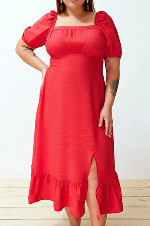 Moda Rahat Casual Günlük Shally Dokuma Kare Yaka Kısa Kol Eteği Fırfırlı Maxi Boy Büyük Beden Elbise