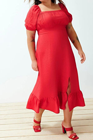 Moda Rahat Casual Günlük Shally Dokuma Kare Yaka Kısa Kol Eteği Fırfırlı Maxi Boy Büyük Beden Elbise