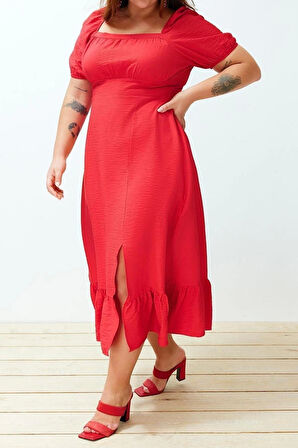 Moda Rahat Casual Günlük Shally Dokuma Kare Yaka Kısa Kol Eteği Fırfırlı Maxi Boy Büyük Beden Elbise