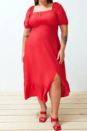 Moda Rahat Casual Günlük Shally Dokuma Kare Yaka Kısa Kol Eteği Fırfırlı Maxi Boy Büyük Beden Elbise