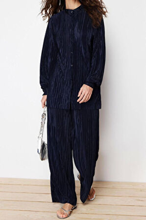 Tarz Kadın Modern Moda Normal Bel Boru Paça V Yaka Piliseli Örme Alt-Üst Takım