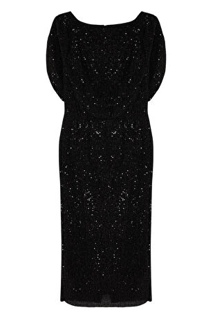 Moda Stil Fitted Kayık Yaka Midi Boy Vücuda Oturan Parıltılı Örme Payet Şık Abiye Elbise