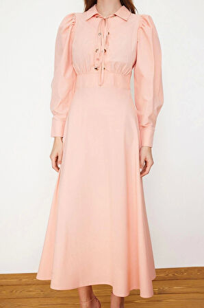 Moda Regular Casual Günlük Poplin Dokuma Gömlek Yaka Uzun Kol A-Line Maxi Boy Tesettür Elbise