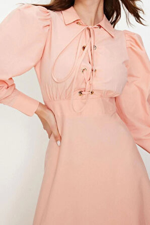 Moda Regular Casual Günlük Poplin Dokuma Gömlek Yaka Uzun Kol A-Line Maxi Boy Tesettür Elbise