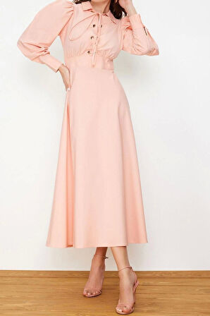 Moda Regular Casual Günlük Poplin Dokuma Gömlek Yaka Uzun Kol A-Line Maxi Boy Tesettür Elbise