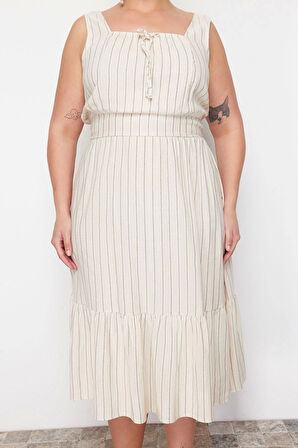 Moda Rahat Keten Karışımlı Dokuma Kare Yaka Kısa Kol Eteği Fırfırlı Midi Boy Büyük Beden Elbise