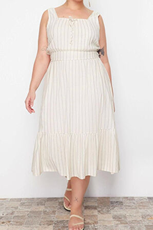 Moda Rahat Keten Karışımlı Dokuma Kare Yaka Kısa Kol Eteği Fırfırlı Midi Boy Büyük Beden Elbise