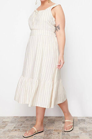 Moda Rahat Keten Karışımlı Dokuma Kare Yaka Kısa Kol Eteği Fırfırlı Midi Boy Büyük Beden Elbise