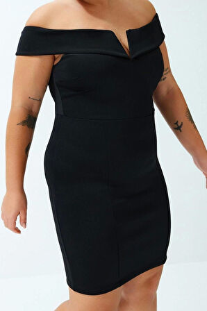 Moda Stil Fitted V Yaka Mini Boy Büyük Beden Çift Kat Yaka Detaylı Örme Elbise