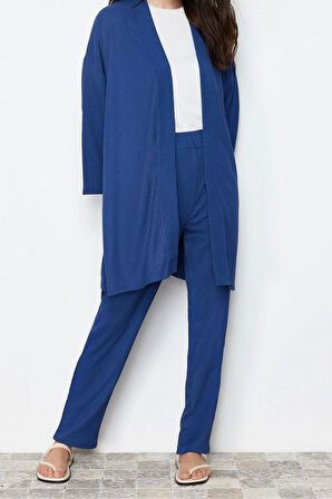 Moda Örme Düz Casual Günlük Bürümcük Örme Kimono Pantolon Alt-Üst Takım