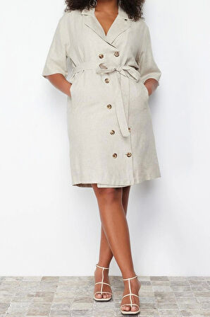 Moda Business Keten Görünümlü Dokuma Ceket Yaka Kısa Kol Ceket Elbise Midi Boy Büyük Beden Elbise