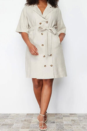 Moda Business Keten Görünümlü Dokuma Ceket Yaka Kısa Kol Ceket Elbise Midi Boy Büyük Beden Elbise