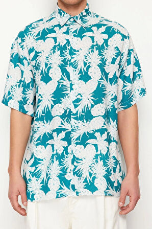 Moda Erkek Günlük Unisex Oversize Fit Ananas Baskılı %100 Viskon Kısa Kollu Dökümlü Yazlık Gömlek