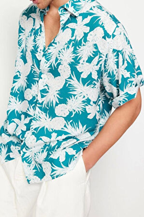 Moda Erkek Günlük Unisex Oversize Fit Ananas Baskılı %100 Viskon Kısa Kollu Dökümlü Yazlık Gömlek