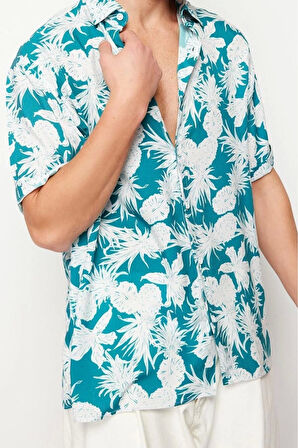 Moda Erkek Günlük Unisex Oversize Fit Ananas Baskılı %100 Viskon Kısa Kollu Dökümlü Yazlık Gömlek