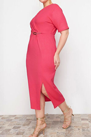 Moda Fit Business Bürümcük Örme Kruvaze Uzun Kol Shift Midi Boy Büyük Beden Elbise